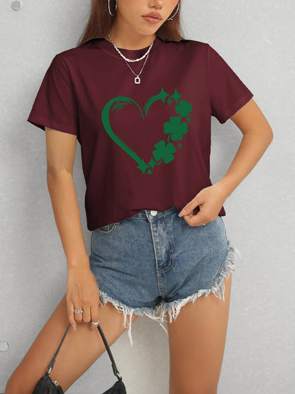 Heart Lucky Clover Round Neck Short Sleeve T-Shirt-Jewearrings