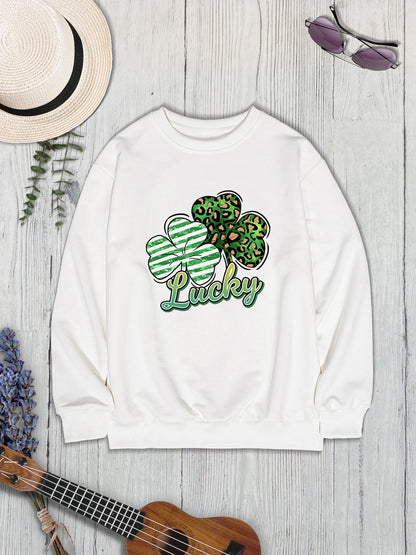 Lucky Clover Round Neck Dropped Shoulder Sweatshirt-Jewearrings