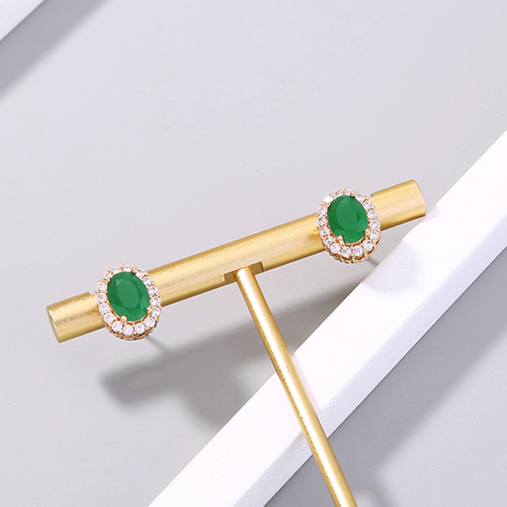 Miniature gold-inlaid Zircon Emeralds Oval Stud earrings with Ruby earrings-Jewearrings