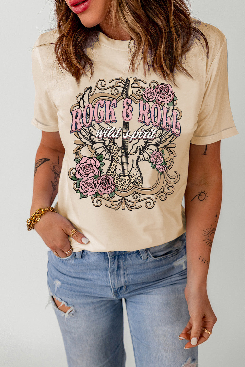 ROCK & ROLL Graphic Cuffed Short Sleeve Tee-Jewearrings