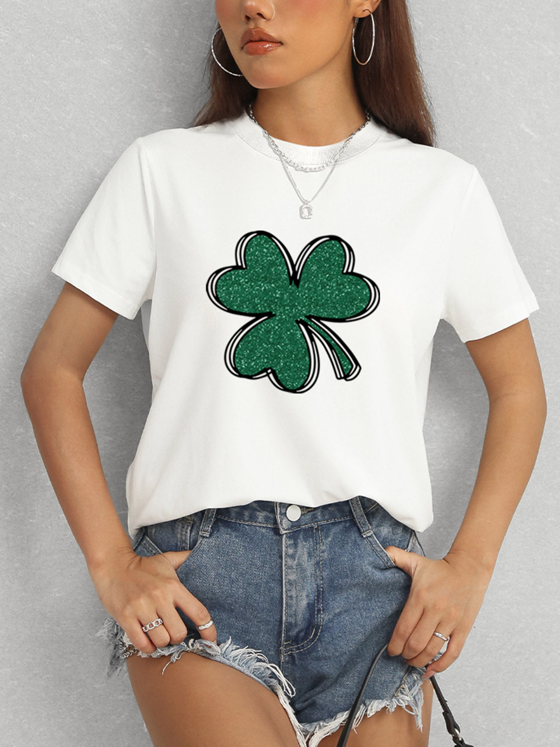 Lucky Clover Round Neck T-Shirt-Jewearrings