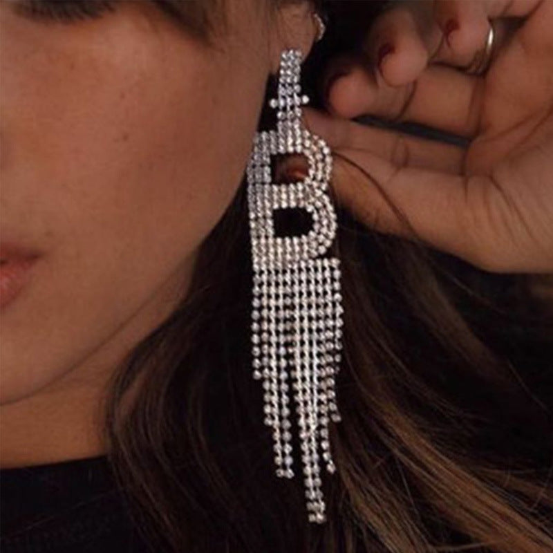 Fashion Jewelry 925 Silver Needle Ornaments Rhinestone Letter B Earrings Banquet Tassel Ear Ornaments Female-Jewearrings