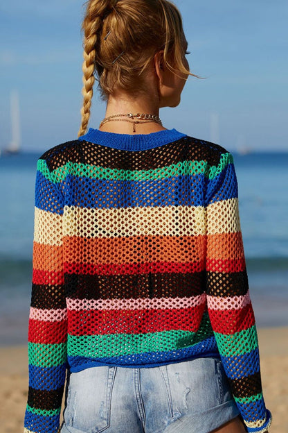 Rainbow Stripe Openwork Long Sleeve Cover-Up-Jewearrings