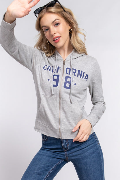 ACTIVE BASIC CALIFORNIA Zip Up Drawstring Long Sleeve Hoodie-Jewearrings