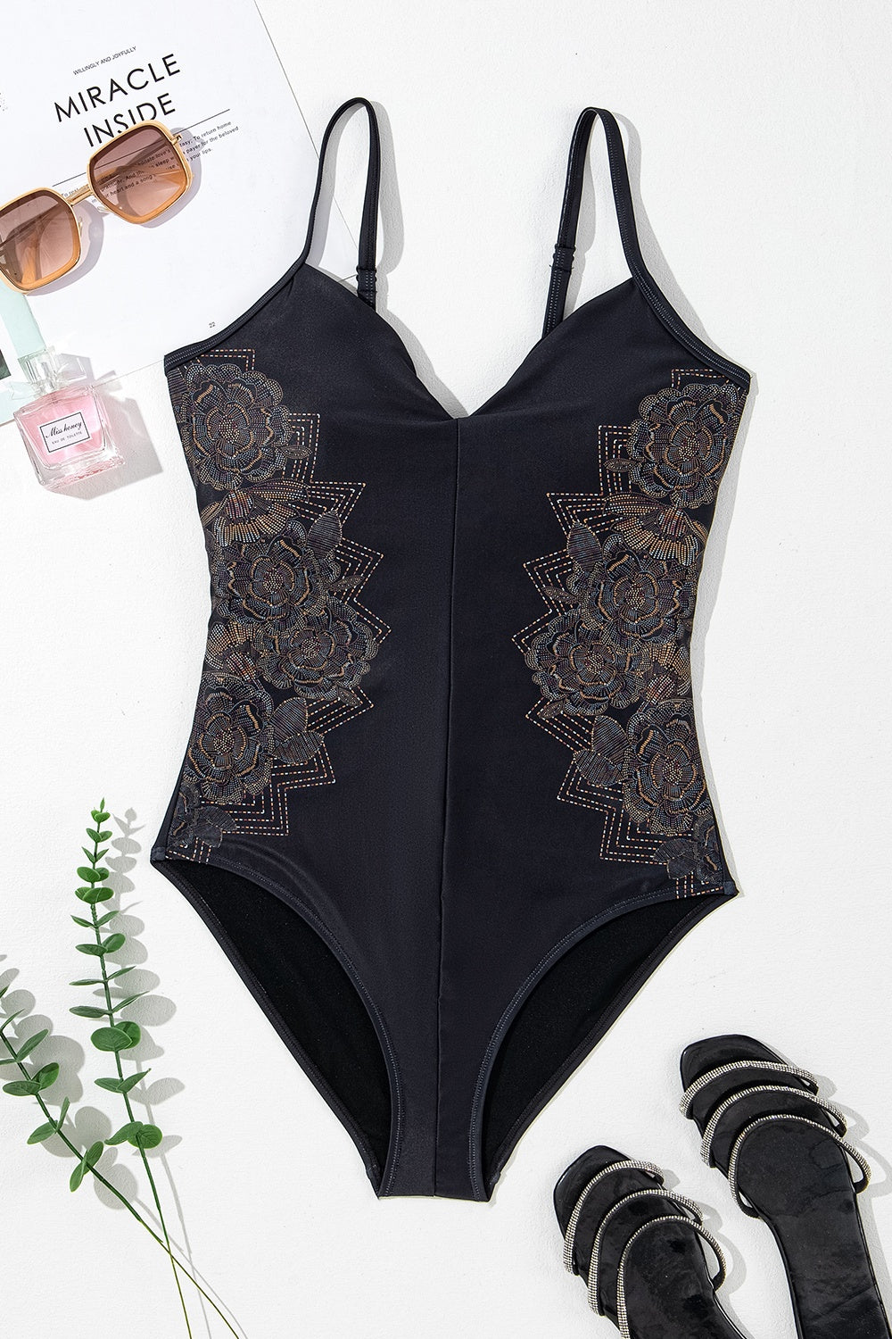 Embroidered V-Neck One-Piece Swimwear-Jewearrings