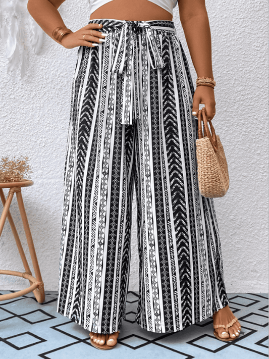 Plus Size Striped Tied Wide Leg Pants-Jewearrings