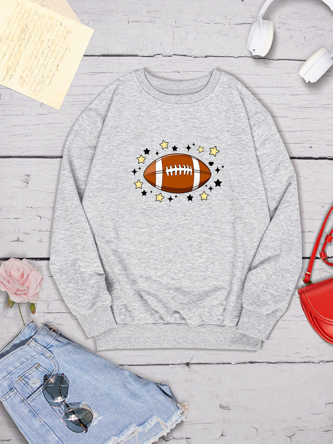 Football Graphic Round Neck Sweatshirt-Jewearrings