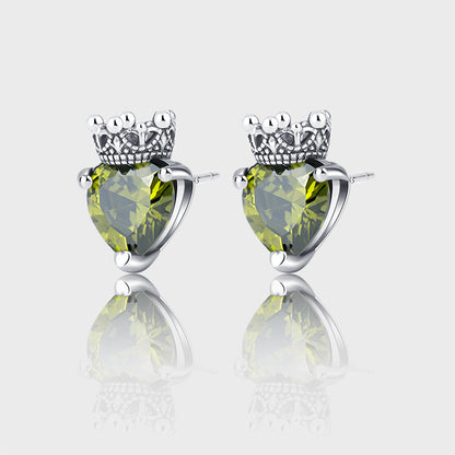 S925 Sterling Silver Minority Retro Simple Olive Green Zircon Crown Earrings-Jewearrings