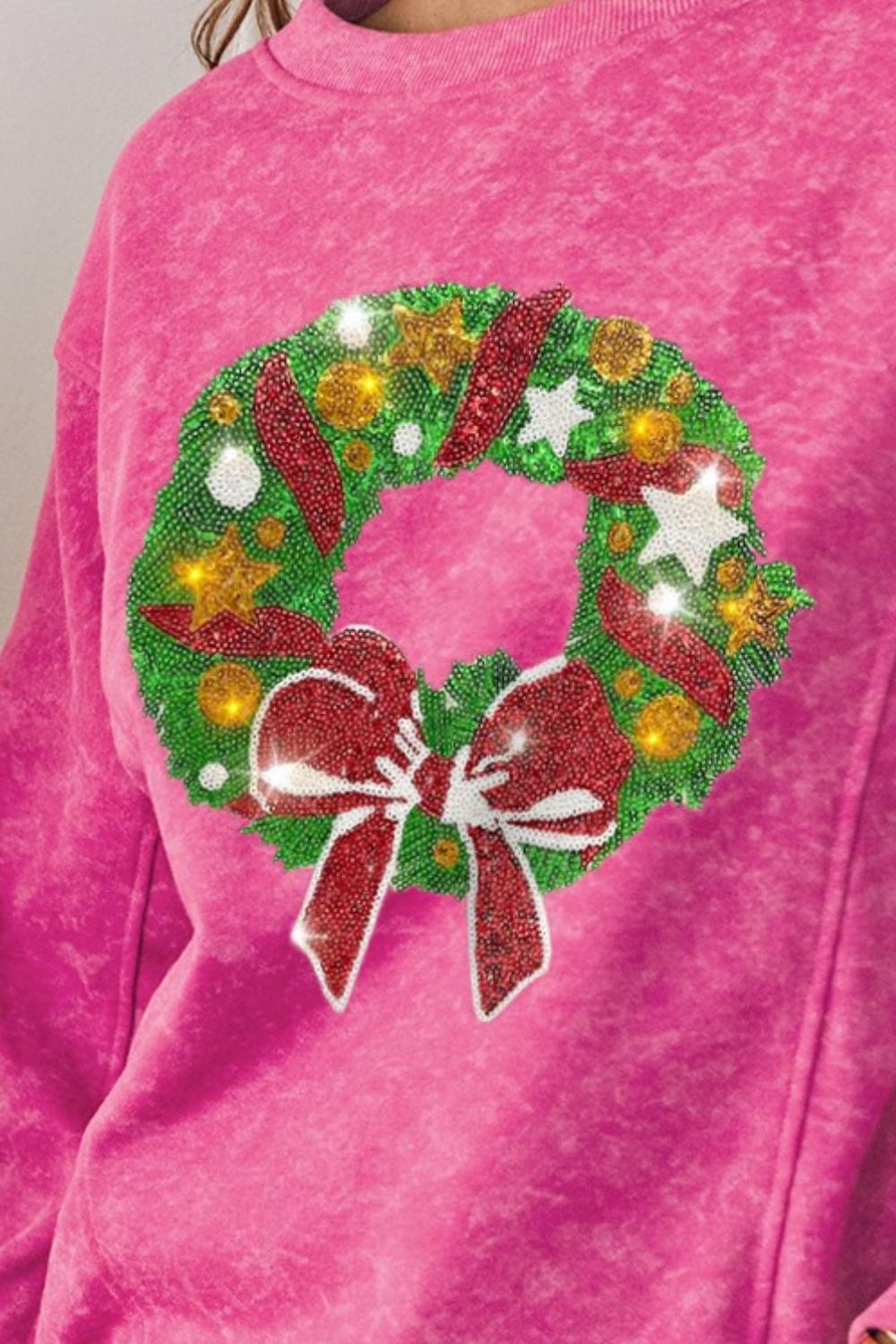 Wreath Sequin Round Neck Long Sleeve Sweatshirt-Jewearrings