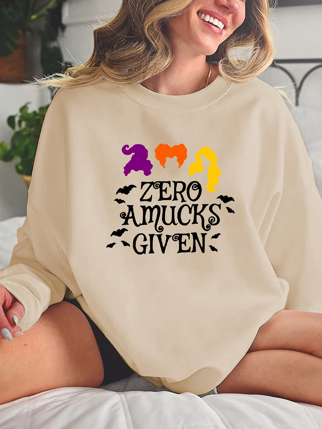 Full Size Round Neck Long Sleeve ZERO AMUCKS GIVEN Graphic Sweatshirt-Jewearrings