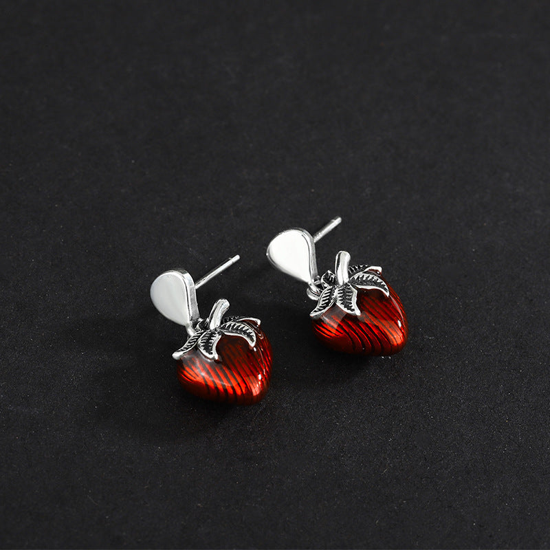 S925 Sterling Silver Retro Simple Kaedo Drip Glue Strawberry Earrings-Jewearrings