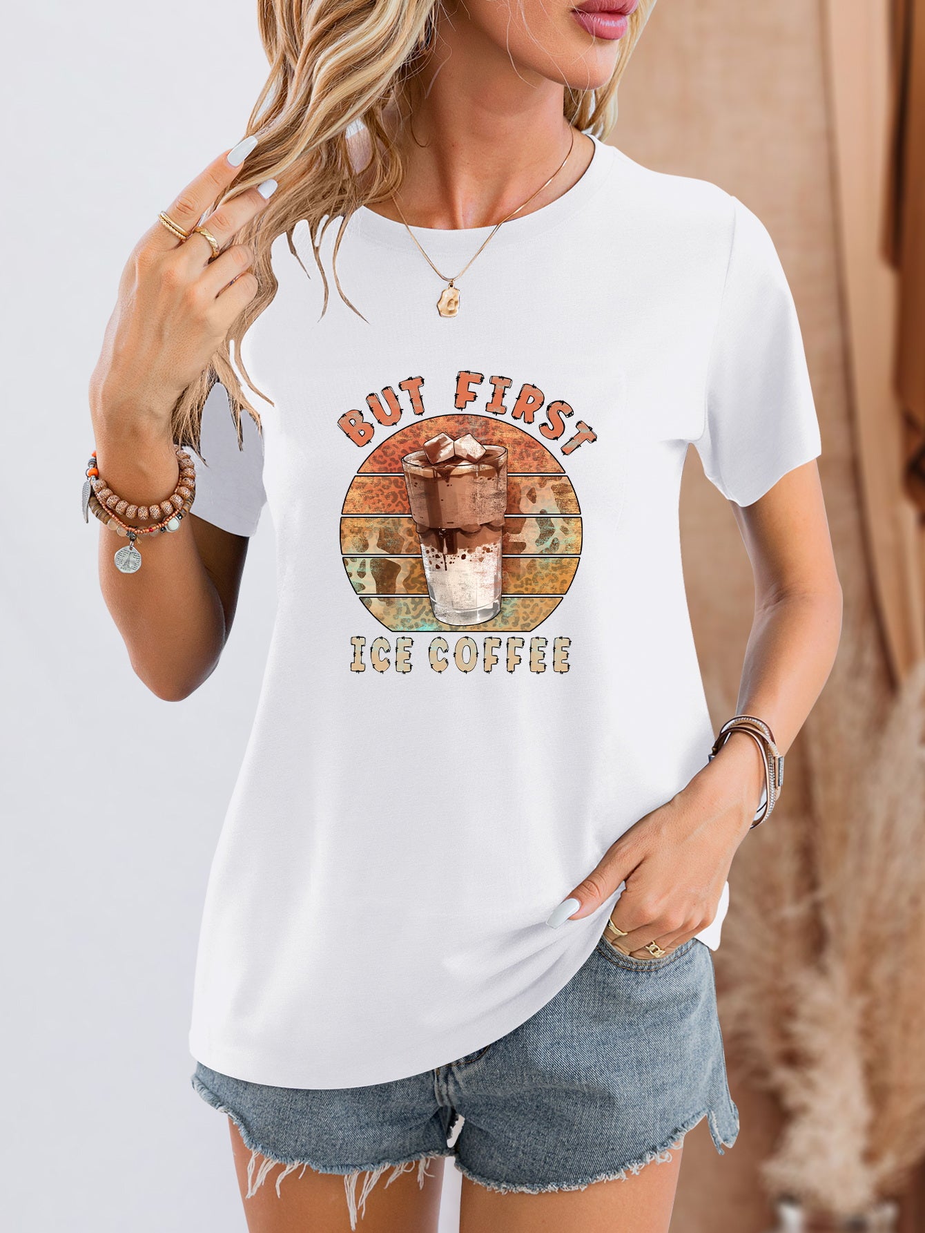 BUT FIRST ICE COFFEE Round Neck T-Shirt-Jewearrings