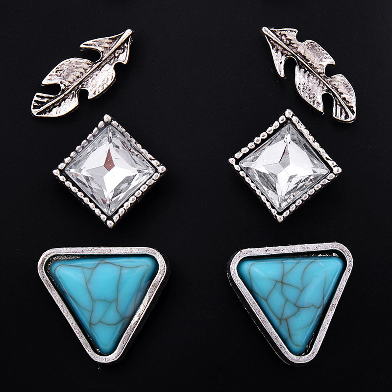 Personality fashion vintage natural stone stud earrings Geometric turquoise stone rhinestone leaves 6 pairs of earrings-Jewearrings