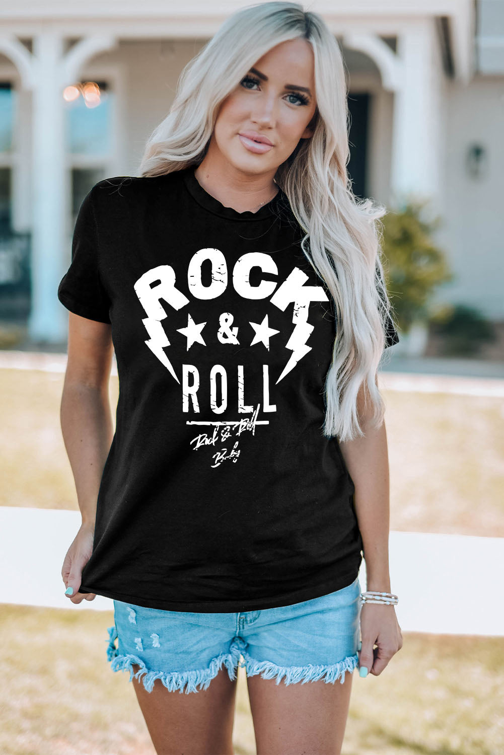 ROCK & ROLL Graphic Round Neck Short Sleeve Tee-Jewearrings