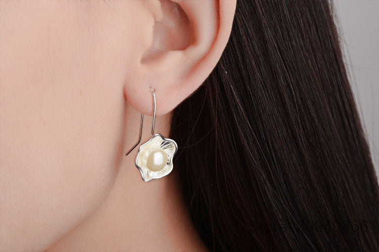 Ladies Silver Pearl Lotus Earrings-Jewearrings