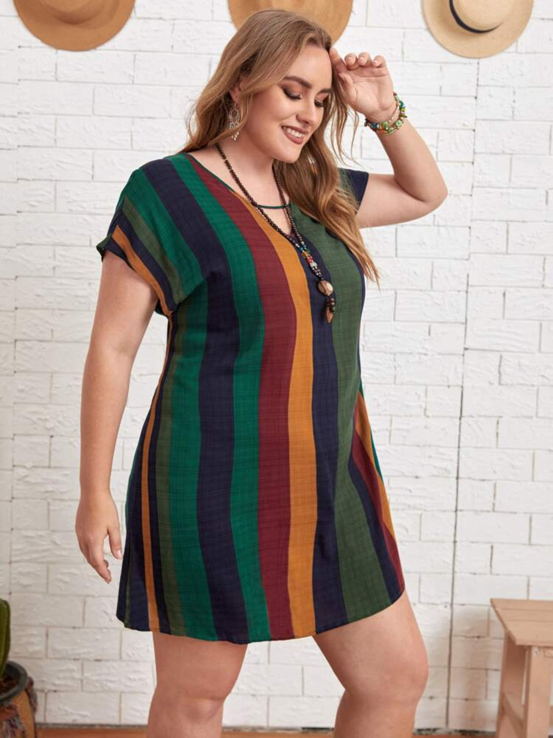 Plus Size Striped Short Sleeve Mini Dress-Jewearrings