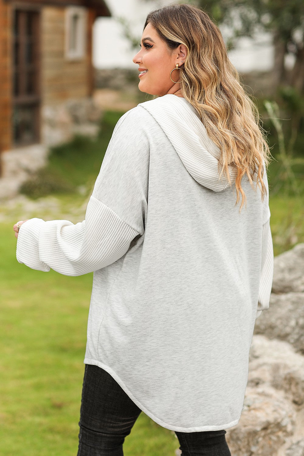 Plus Size Button Up Drawstring Long Sleeve Hoodie-Jewearrings