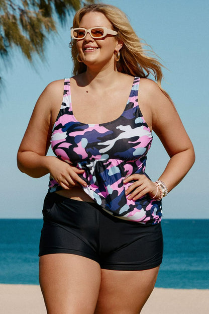 Plus Size Camouflage Peplum Two-Piece Tankini Set-Jewearrings