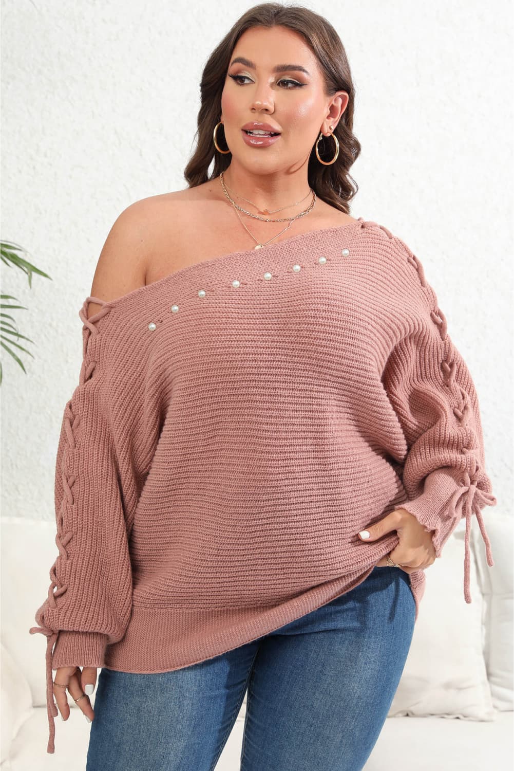 Plus Size One Shoulder Beaded Sweater-Jewearrings