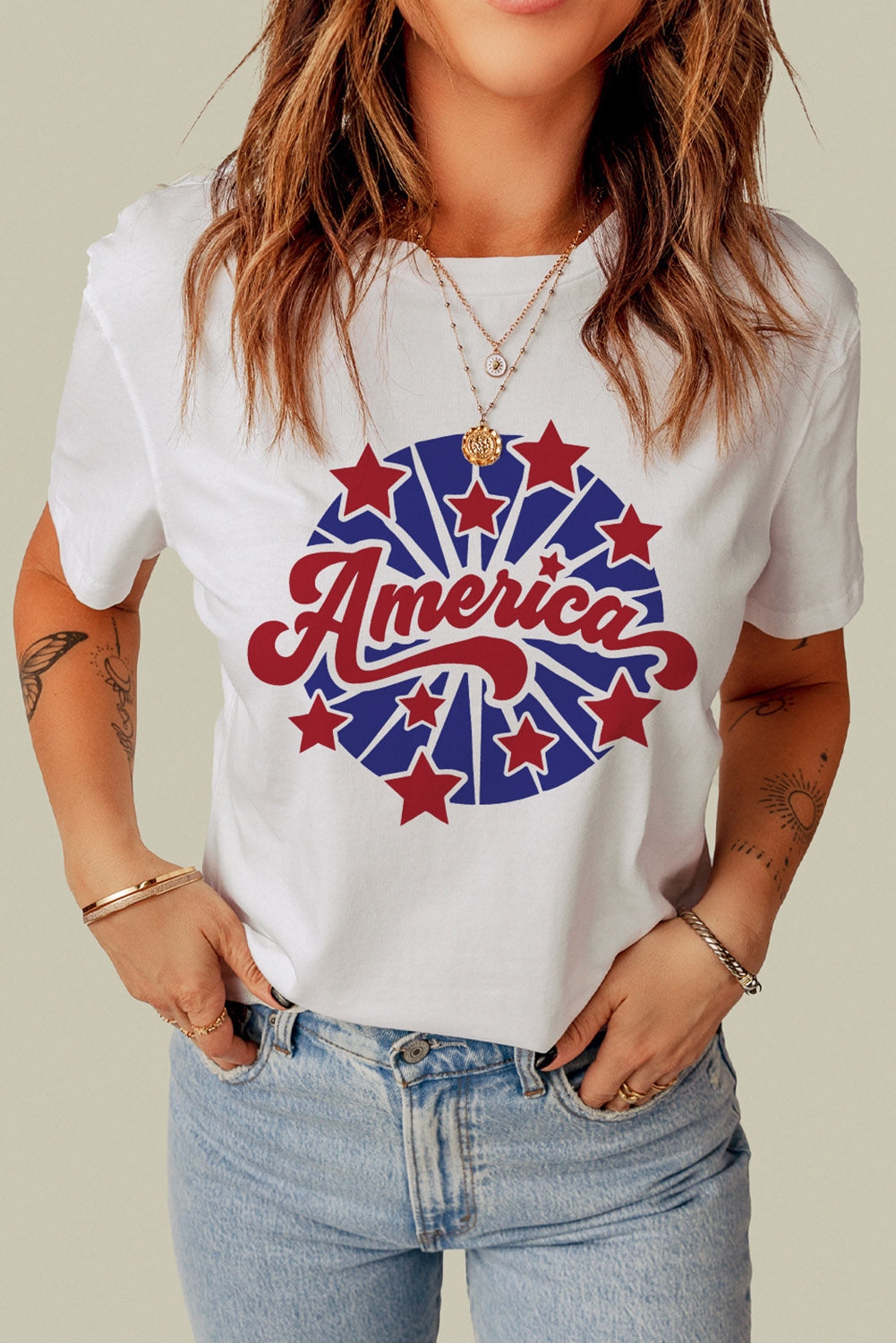 AMERICA Star Graphic Round Neck Tee-Jewearrings