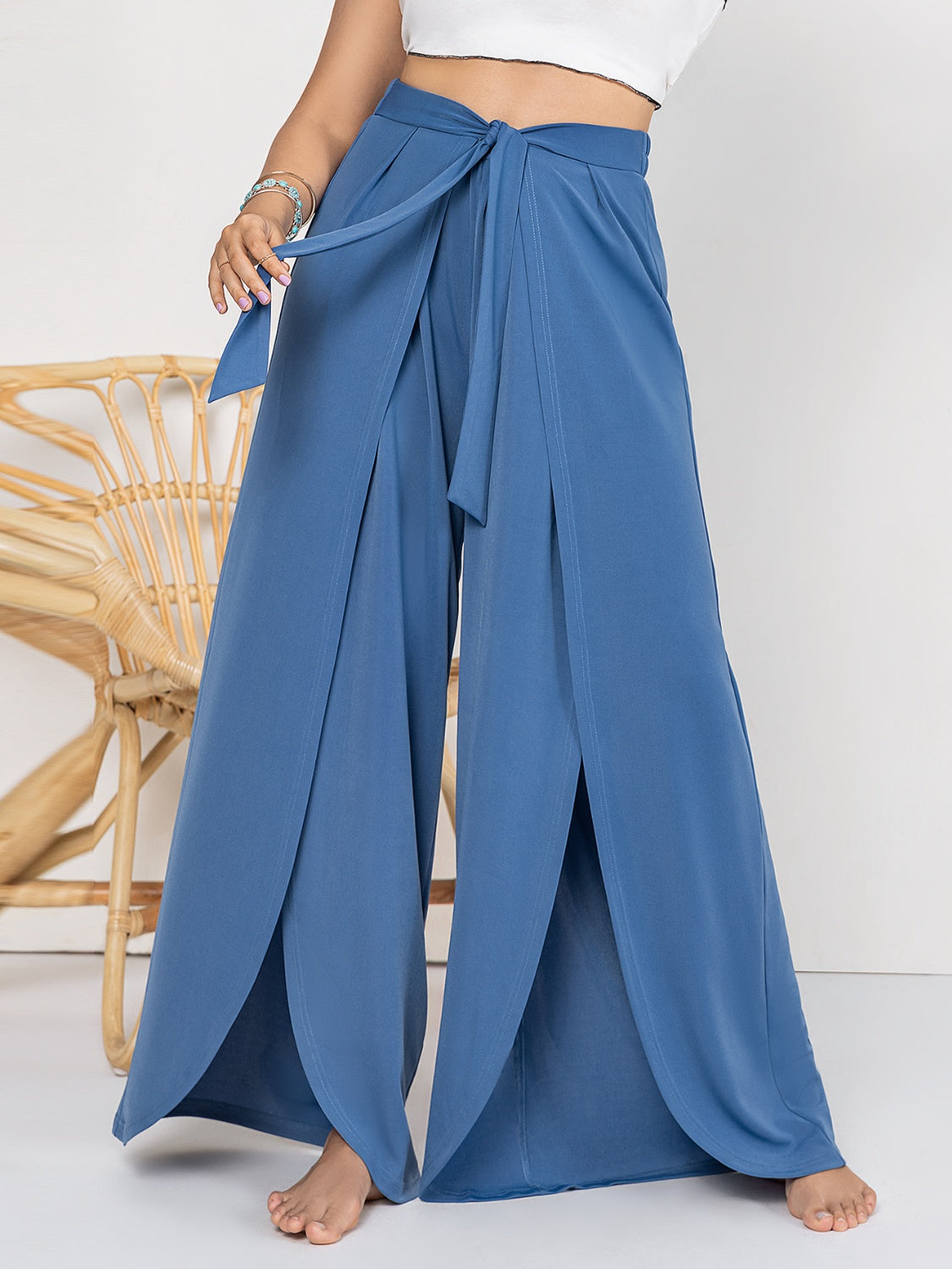 Plus Size Tied Slit Wide Leg Pants-Jewearrings