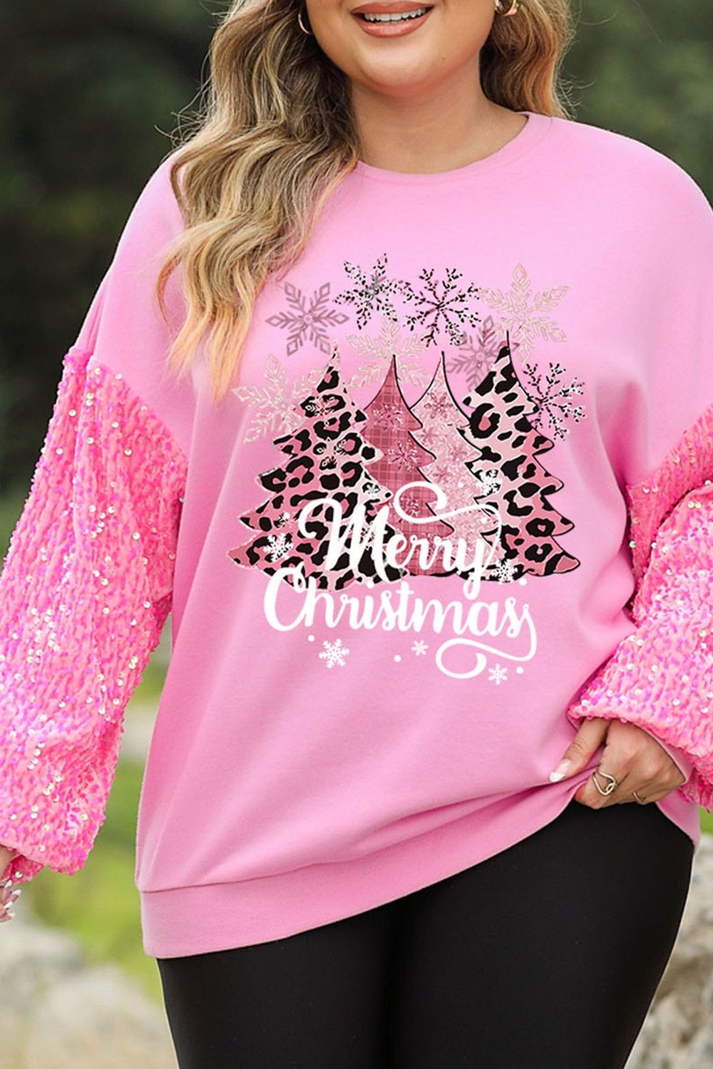 Plus Size MERRY CHRISTMAS Sequin Long Sleeve Sweatshirt-Jewearrings