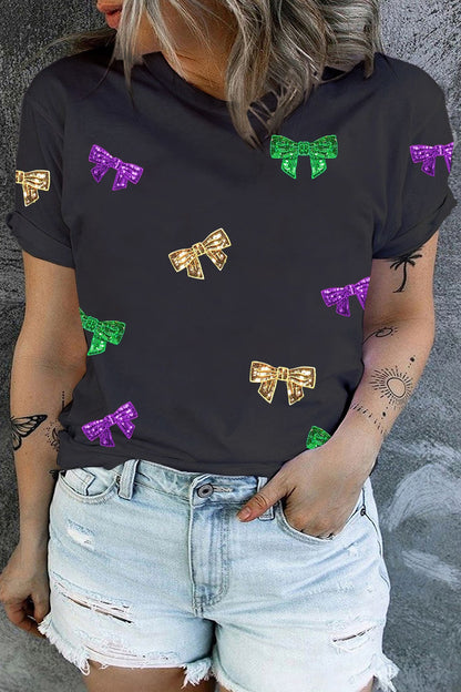 Plus Size Sequin Bow Print Short Sleeve T-Shirt-Jewearrings