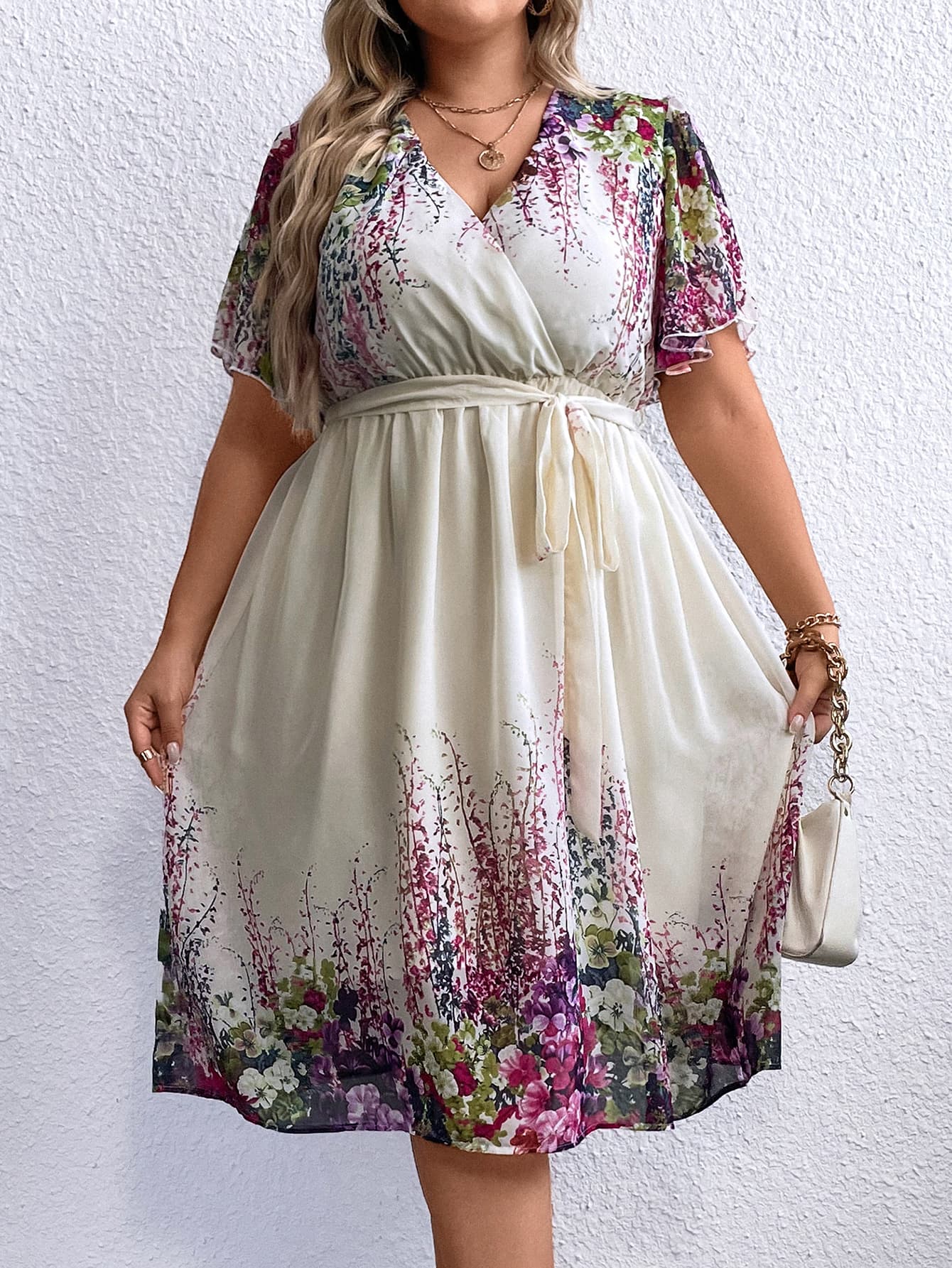 Plus Size Floral Tie Waist Surplice Neck Dress-Jewearrings