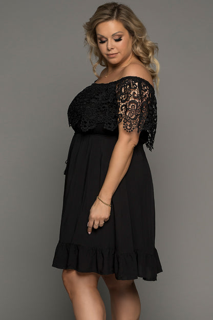 Plus Size Tassel Tie Spliced Lace Off-Shoulder Dress-Jewearrings