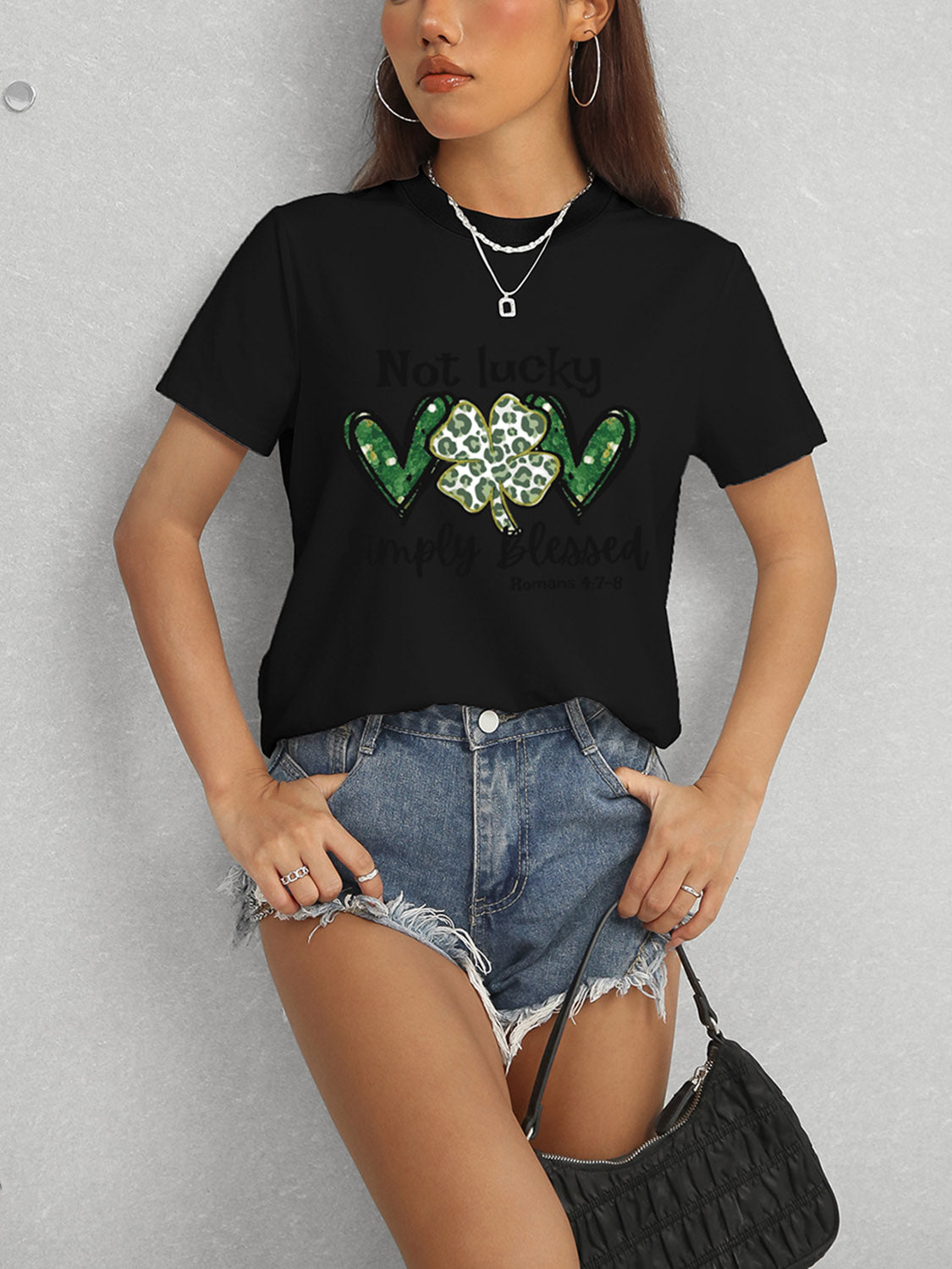 Lucky Clover Round Neck Short Sleeve T-Shirt-Jewearrings