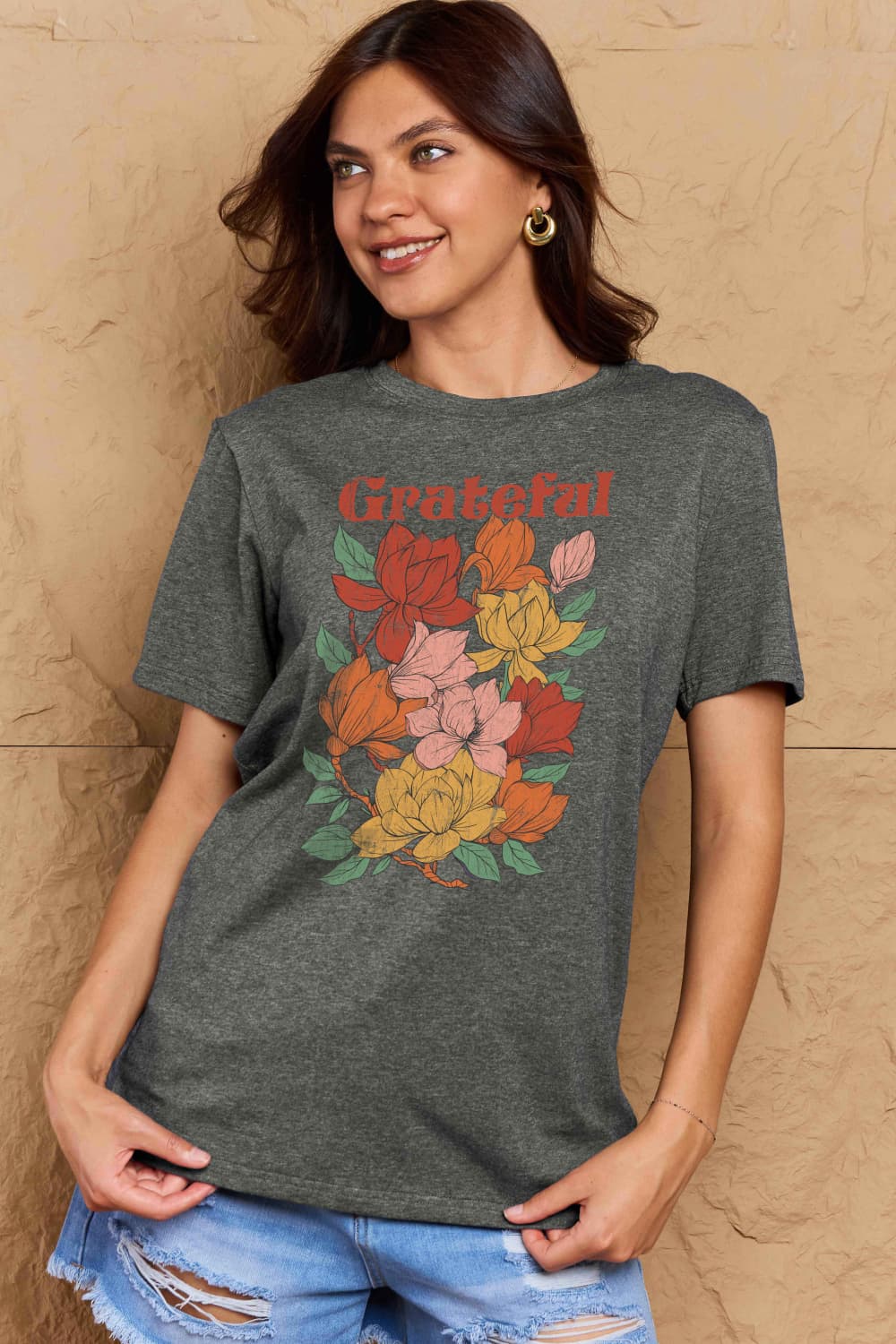 Simply Love Full Size GRATEFUL Flower Graphic Cotton T-Shirt-Jewearrings