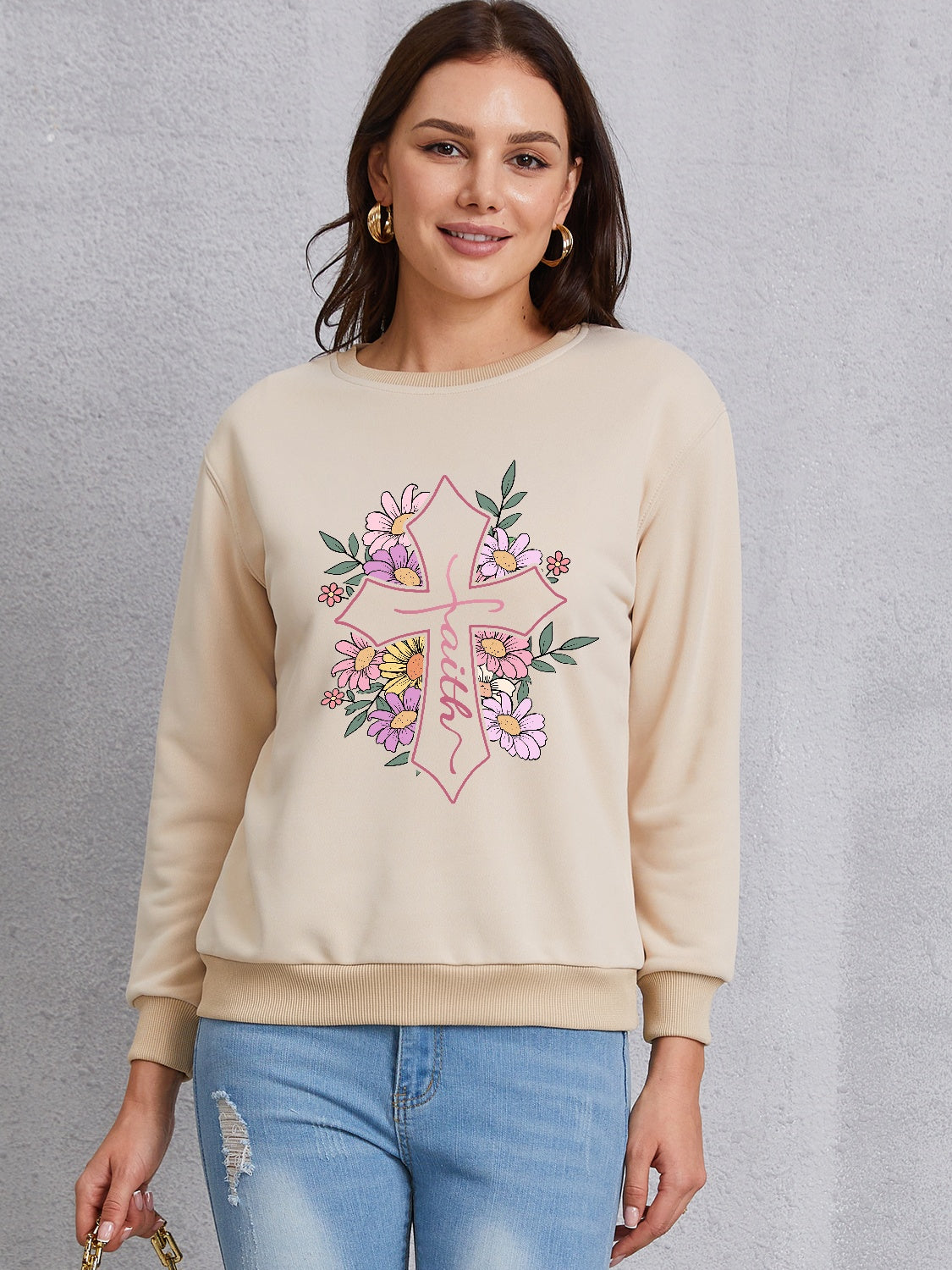 Cross Graphic Round Neck Dropped Shoulder Sweatshirt-Jewearrings