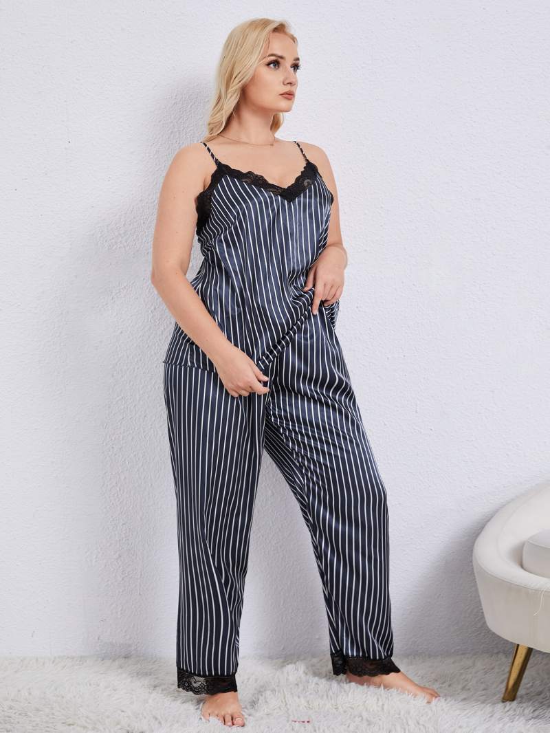 Plus Size Vertical Stripe Lace Trim Cami and Pants Pajama Set-Jewearrings