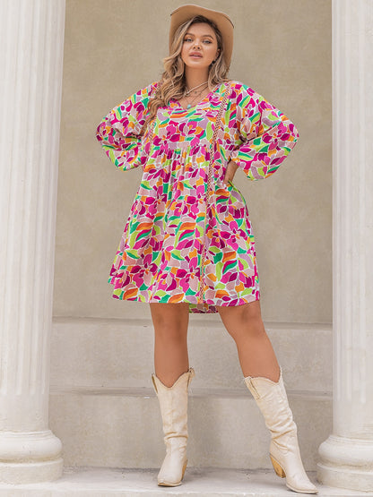 Plus Size Printed V-Neck Balloon Sleeve Mini Dress-Jewearrings