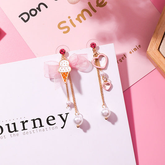 Korean summer sweet ice cream chiffon bow love asymmetrical long tassel earrings girl heart earrings-Jewearrings