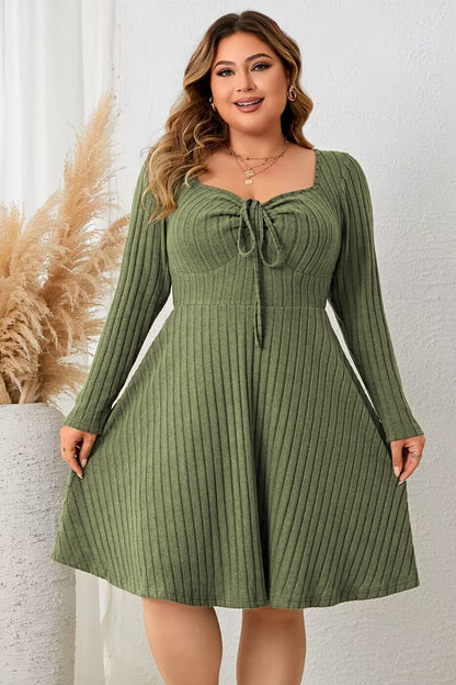 Plus Size Sweetheart Neck Long Sleeve Ribbed Dress-Jewearrings