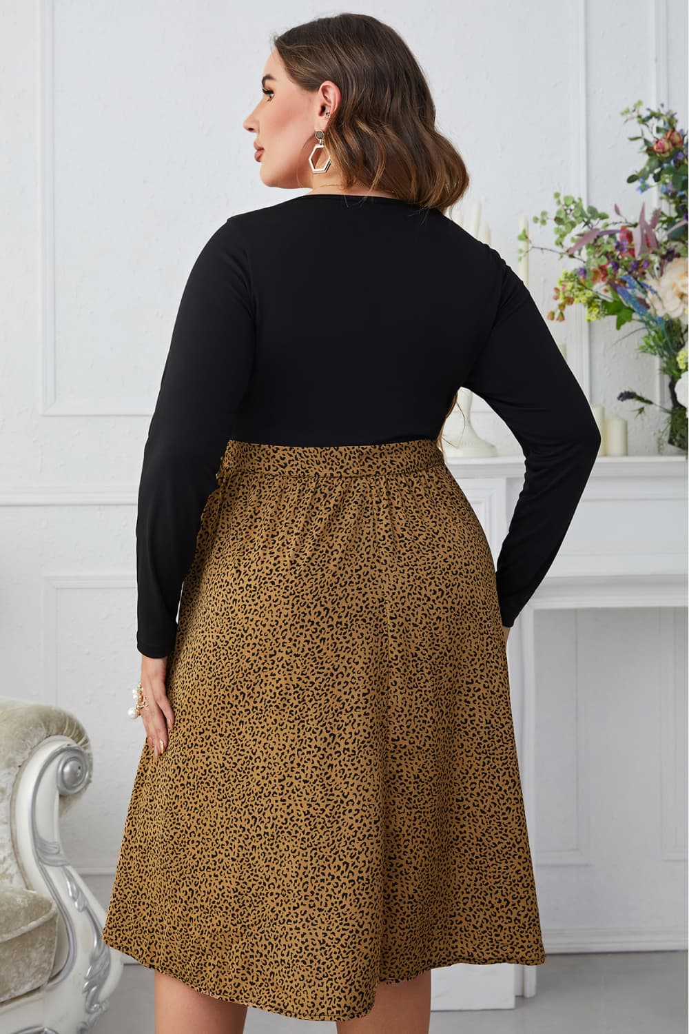 Melo Apparel Plus Size Leopard Long Sleeve Round Neck Dress-Jewearrings