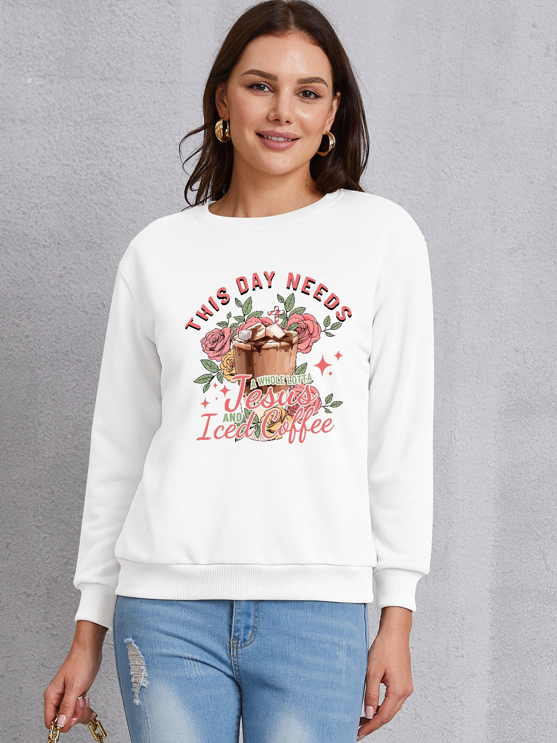 Letter Graphic Round Neck Sweatshirt-Jewearrings