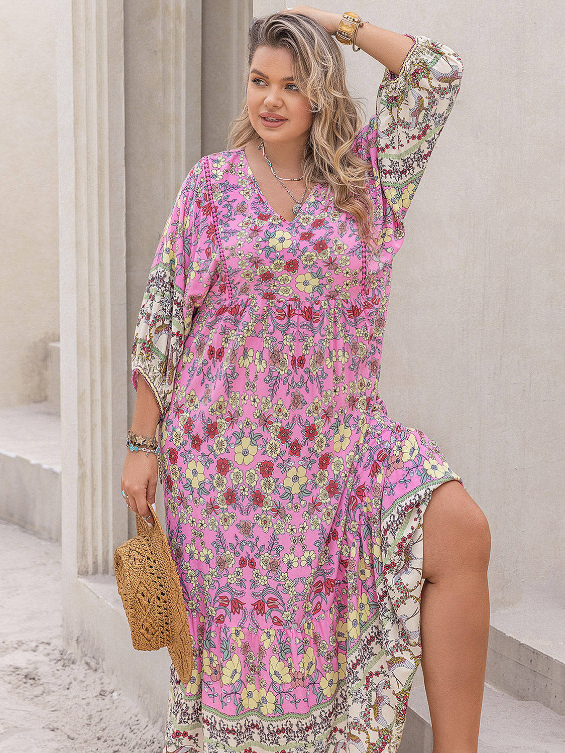 Plus Size Floral V-Neck Balloon Sleeve Midi Dress-Jewearrings