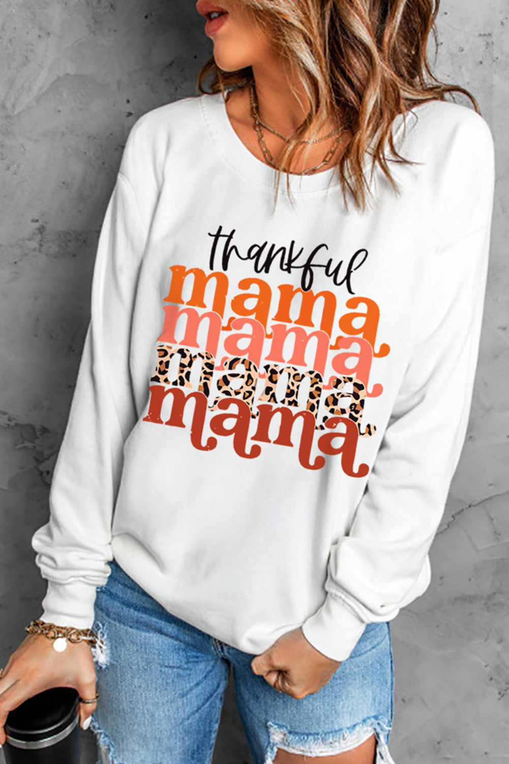 THANKFUL MAMA Graphic Dropped Shoulder Round Neck Sweatshirt-Jewearrings