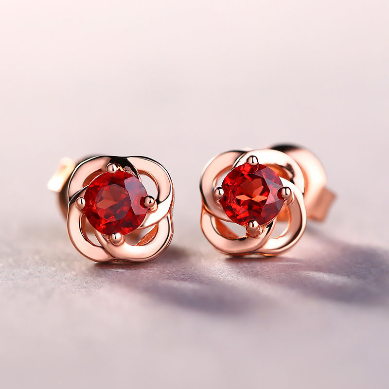 S925 Sterling Silver Earrings Female Natural Garnet Clover-Jewearrings