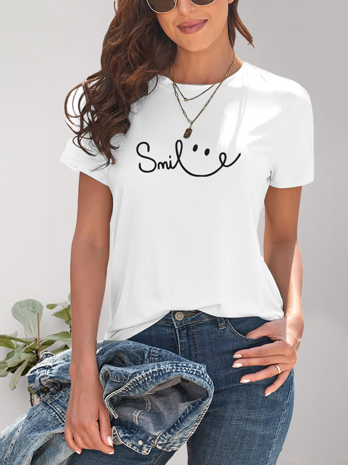 SMILE Round Neck Short Sleeve T-Shirt-Jewearrings