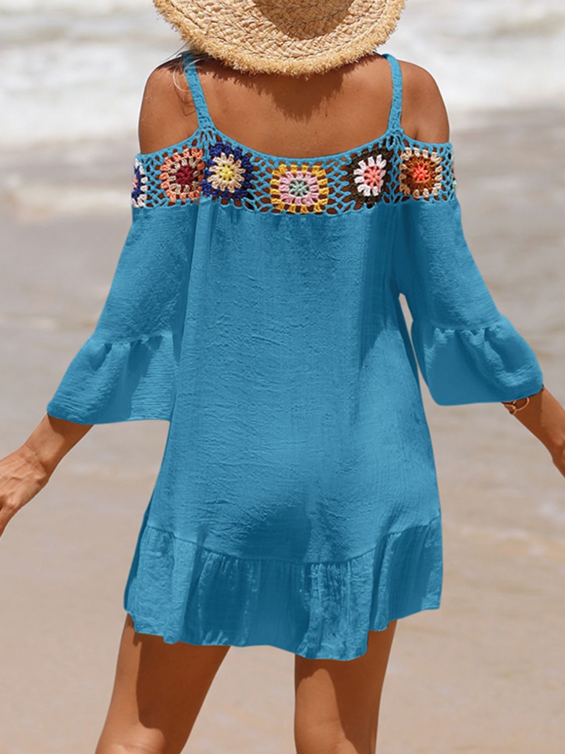 Crochet Cold Shoulder Three-Quarter Sleeve Cover Up-Jewearrings