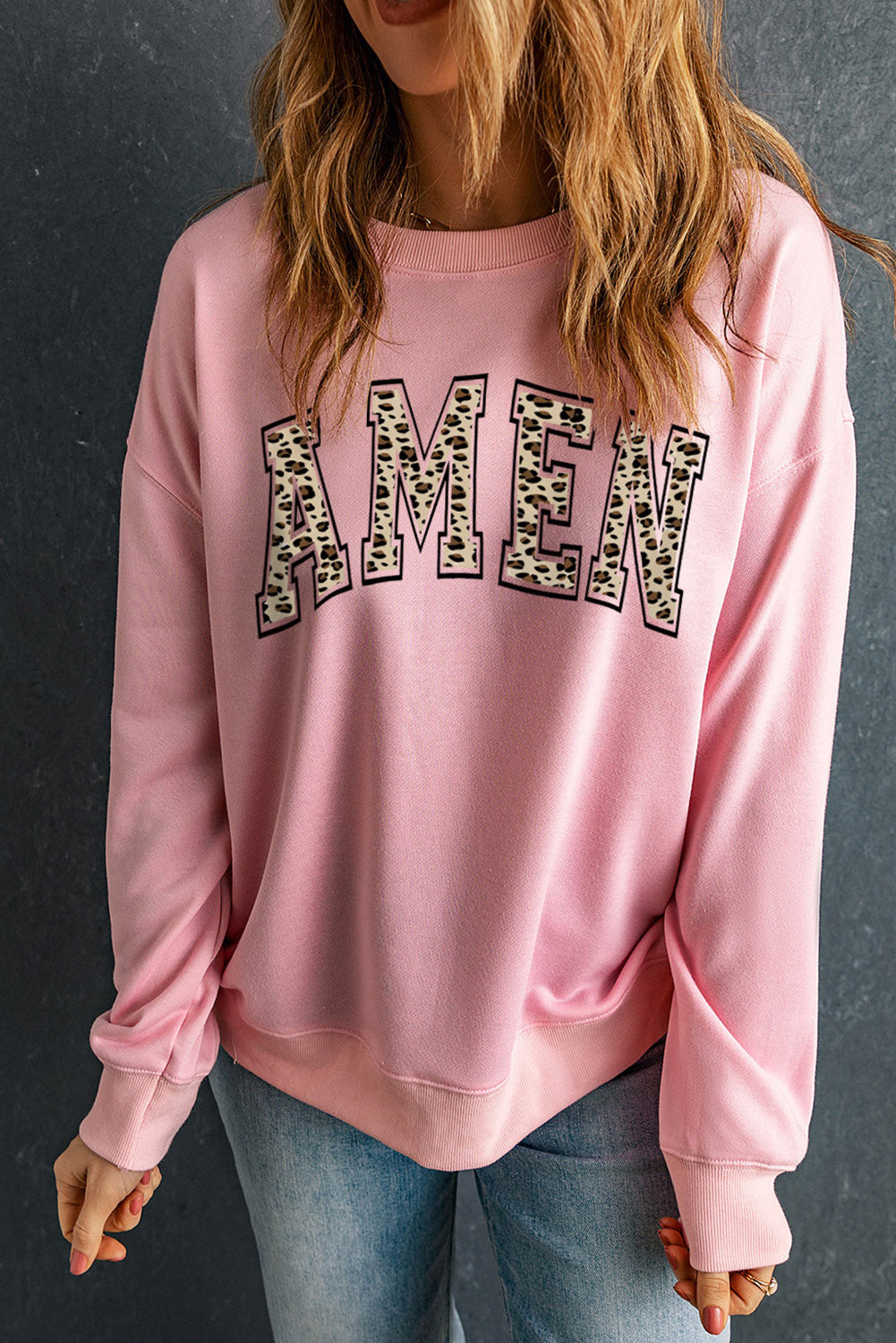 Round Neck Dropped Shoulder AMEN Graphic Sweatshirt-Jewearrings