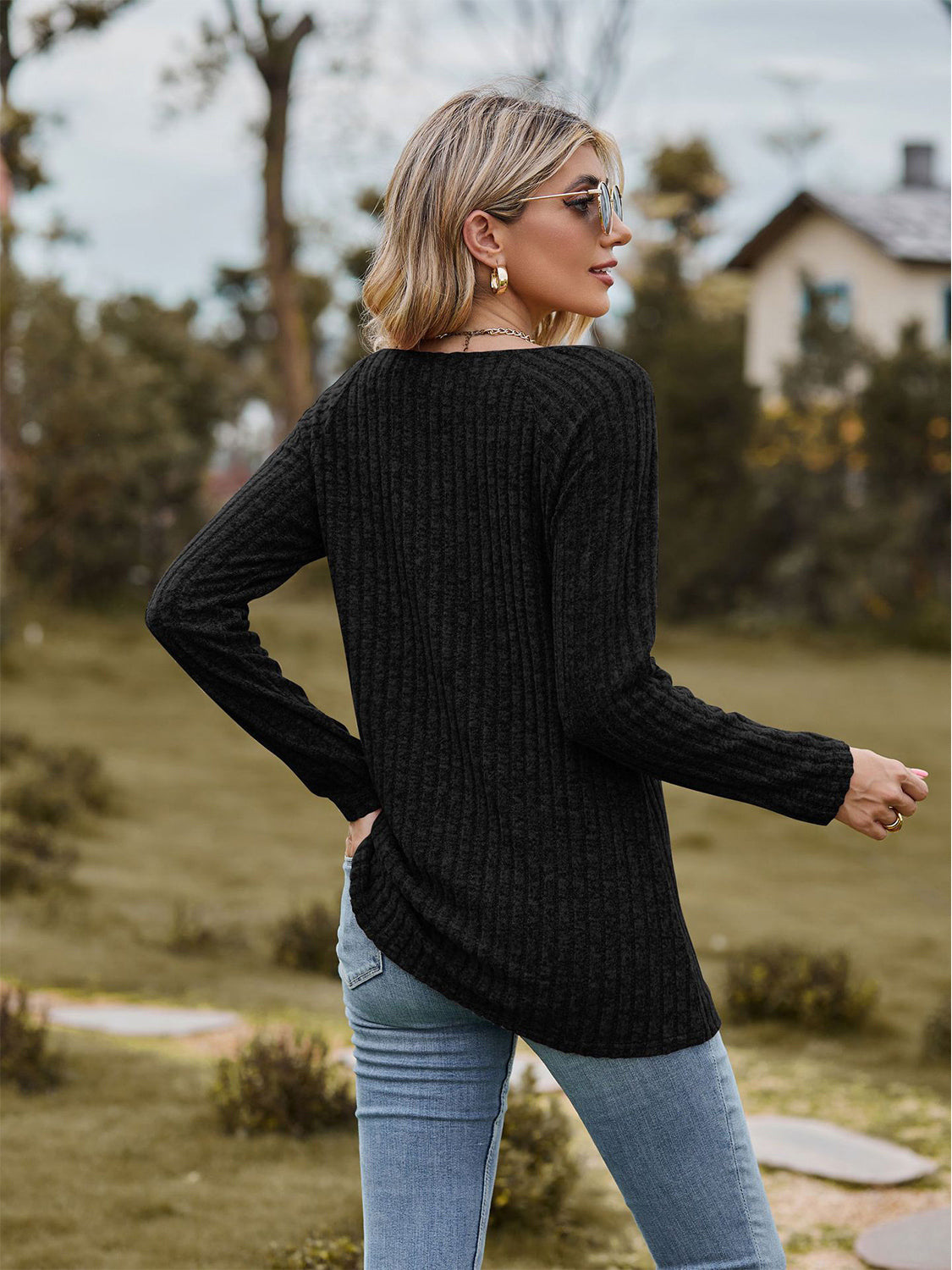 Full Size Ribbed Square Neck Long Sleeve T-Shirt-Jewearrings