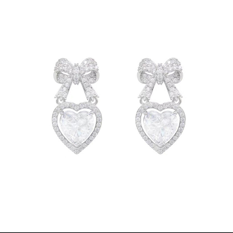 Airy Zirconia Bow Love Dangle Earrings-Jewearrings