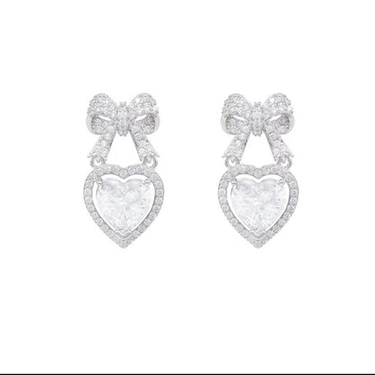 Airy Zirconia Bow Love Dangle Earrings-Jewearrings