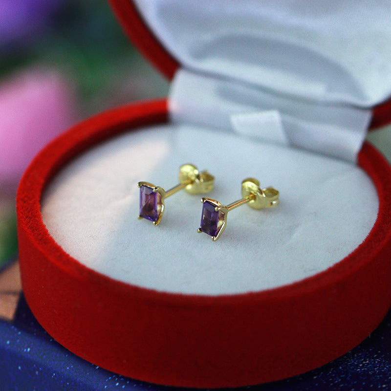 S925 Silver Square Amethyst Stud Earrings Women-Jewearrings