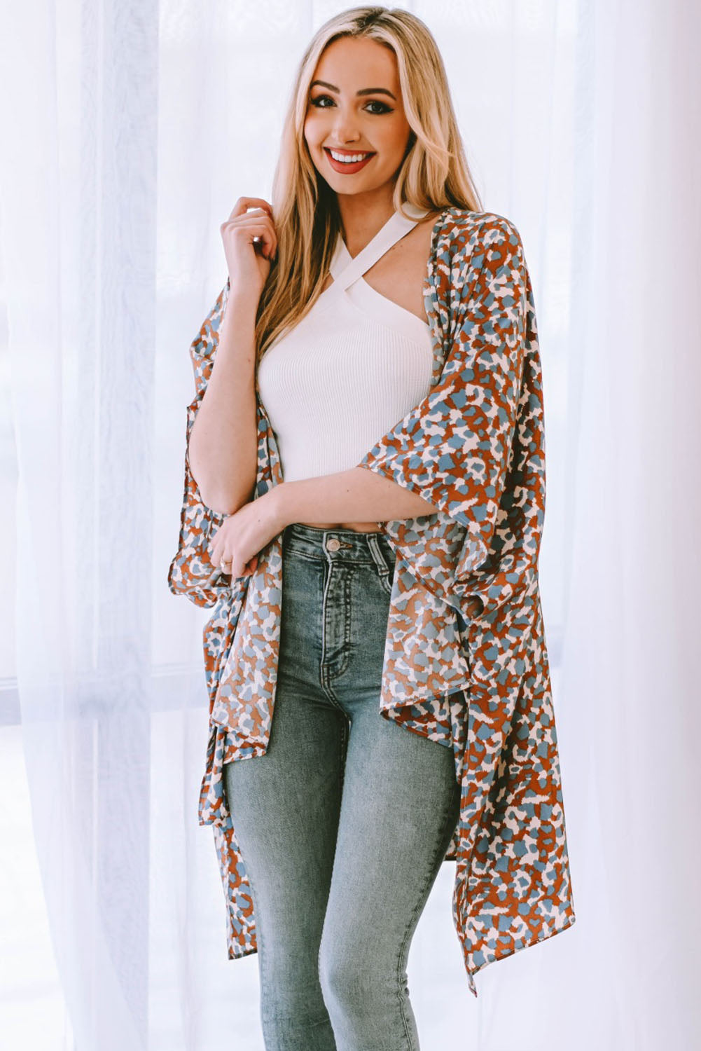 Printed Open Front Three-Quarter Sleeve Cover Up-Jewearrings