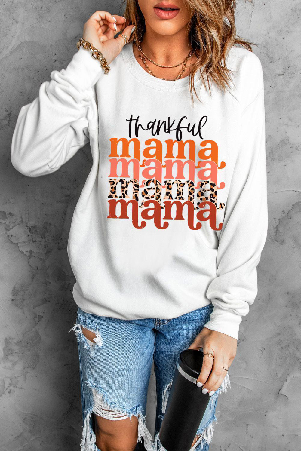 THANKFUL MAMA Graphic Dropped Shoulder Round Neck Sweatshirt-Jewearrings